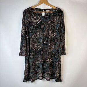 Avenue Tunic Top Women 22/24 Black Paisley 3/4 Sleeve Keyhole Back Plus Size